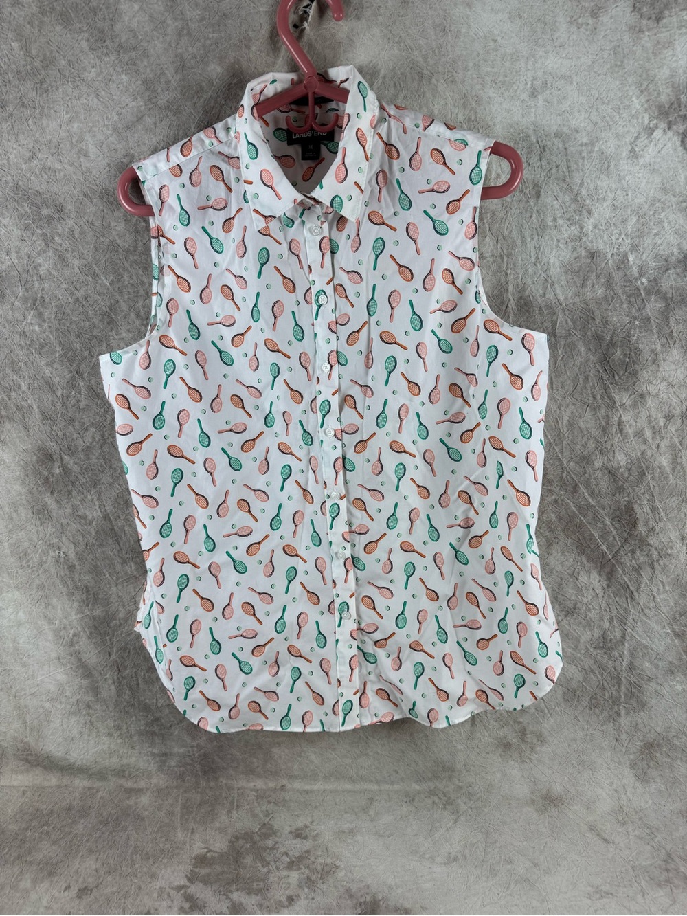 Lands' End Sleeveless Button-Up Tank Top in White with Green & Peach Tennis 16